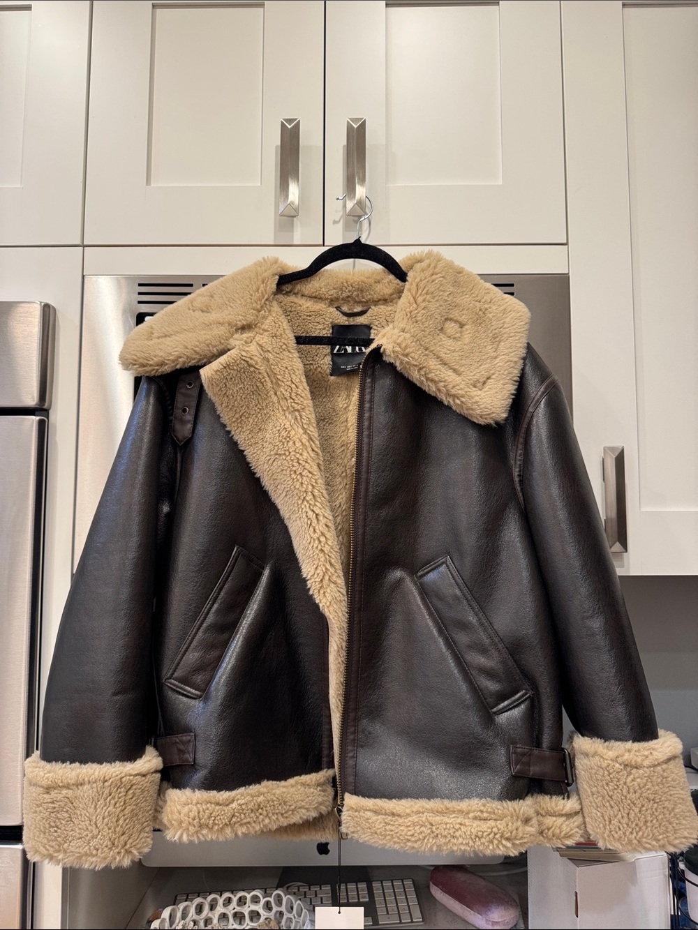 ZARA Brown Faux-Leather Women’s Pea Coat with Tan Sherpa Shearling Trim